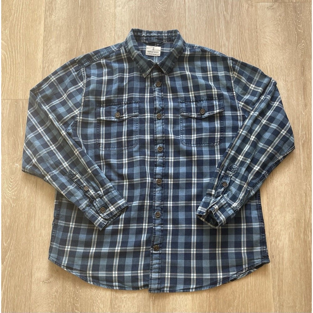 Mutual Weave Blue Plaid Button Up Shirt Men’s XL Long Sleeve Cotton Pockets